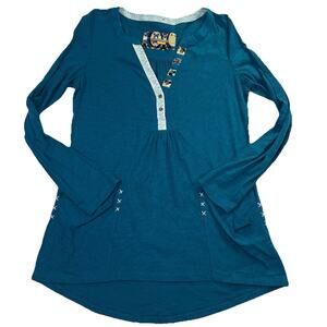 Little Yellow Button Anthropologie Top Size S Teal Blue Green Long Sleeve Henley